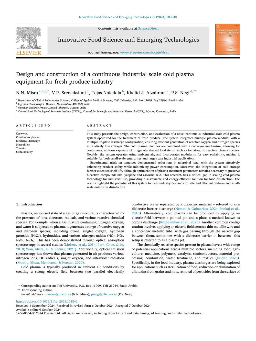 Design and construction of continuous industrial-scale cold plasma equipment for fresh produce