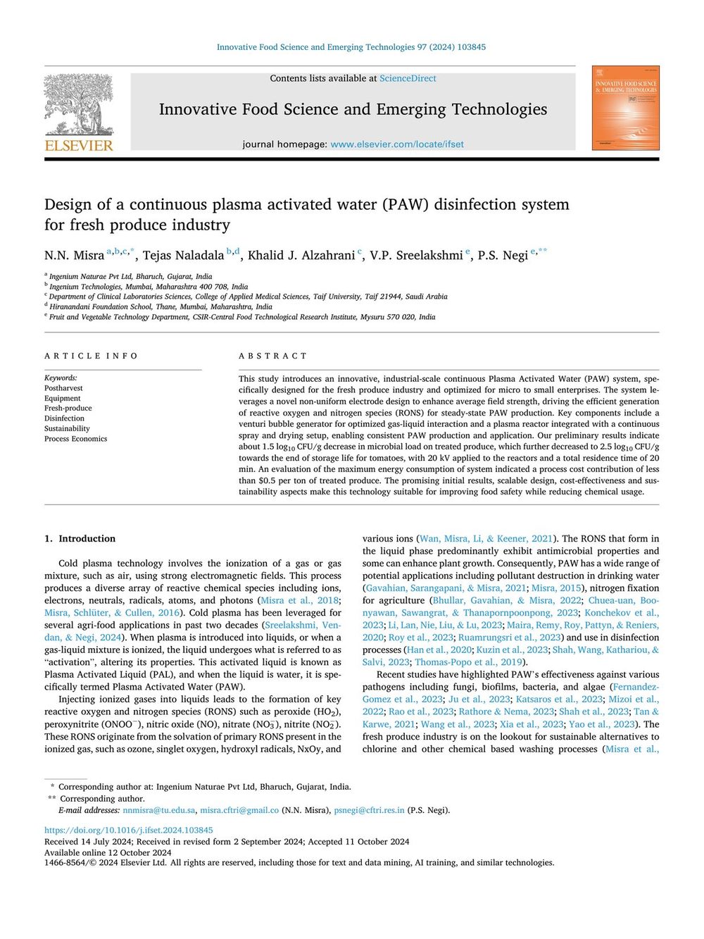 Design of a continuous plasma activated water disinfection system for fresh produce