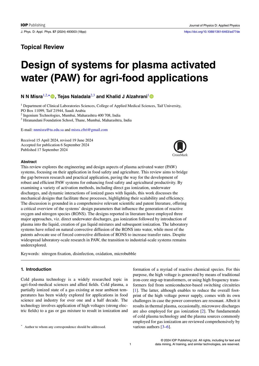 Design of systems for plasma activated water for agri-food applications, Journal of Physics D: Applied Physics